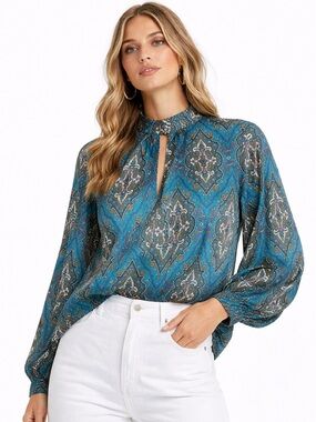 SANDRO Kaeli Blue Teal Paisley Silk Blouse Top Medium M